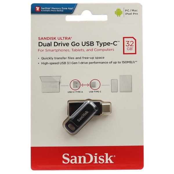 فلش 32 گیگ سن دیسک Sandisk Dual Drive Go USB3.1 OTG Type-C
